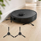 Robot vacuum cleaner with two black side brushes deployed on hardwood floor