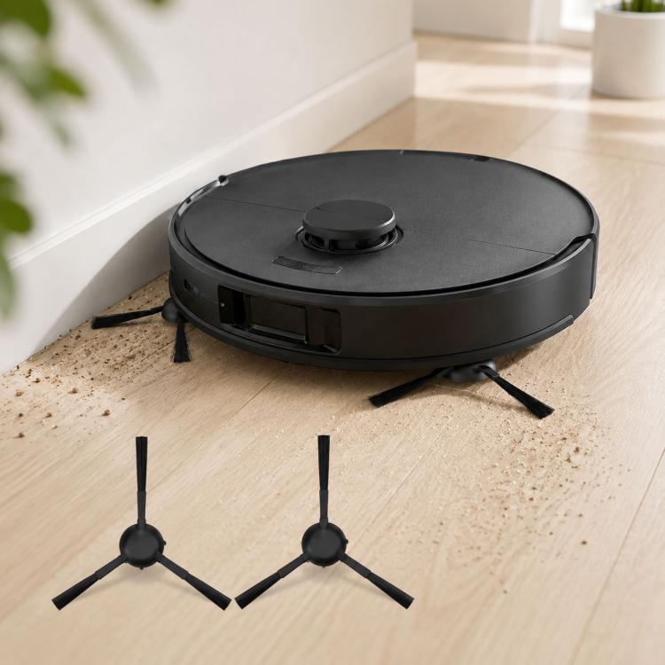 Robot vacuum cleaner with two black side brushes deployed on hardwood floor