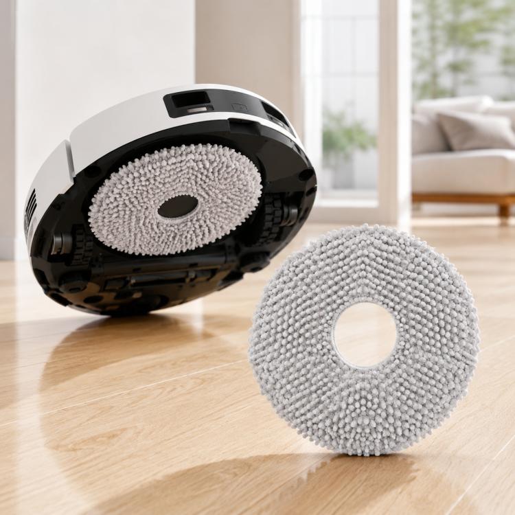 Gray microfiber mop pads with center holes, two round replacement pads
