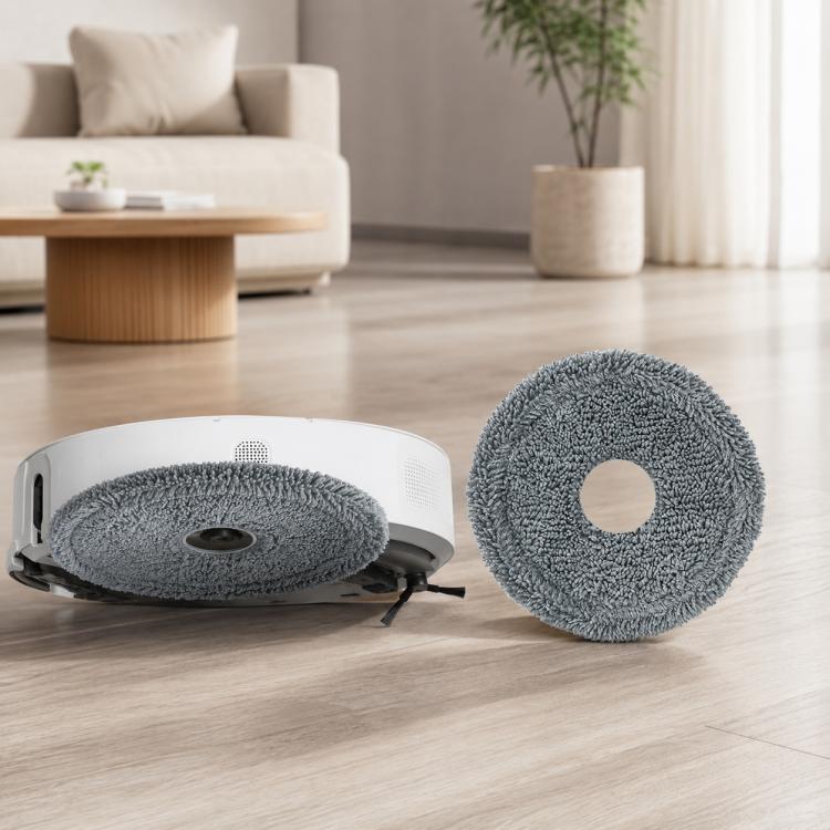 Gray striped microfiber mop pads with center holes, two round pads