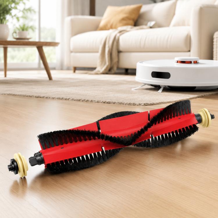 Detachable red and black main roller brush for robot vacuum, with side connectors