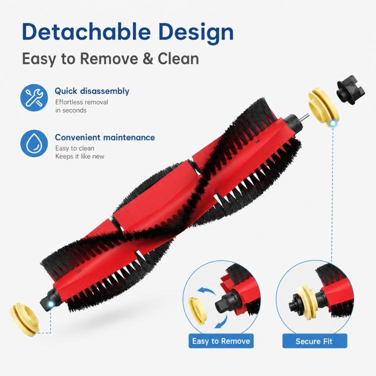 Red detachable main brush roller with black bristles and two end connectors