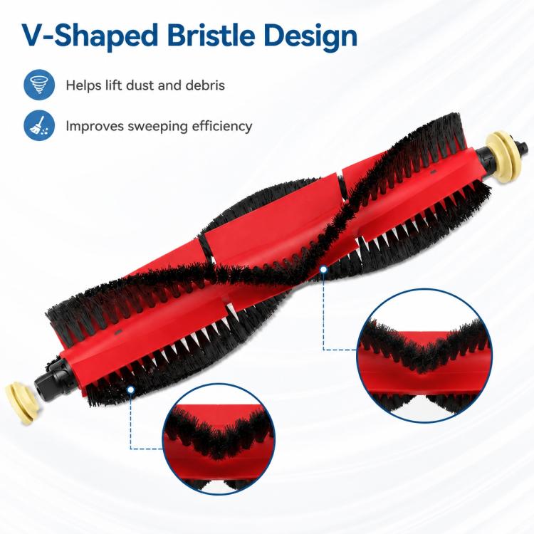 V-shaped bristle design main roller brush, red center with black brush strips