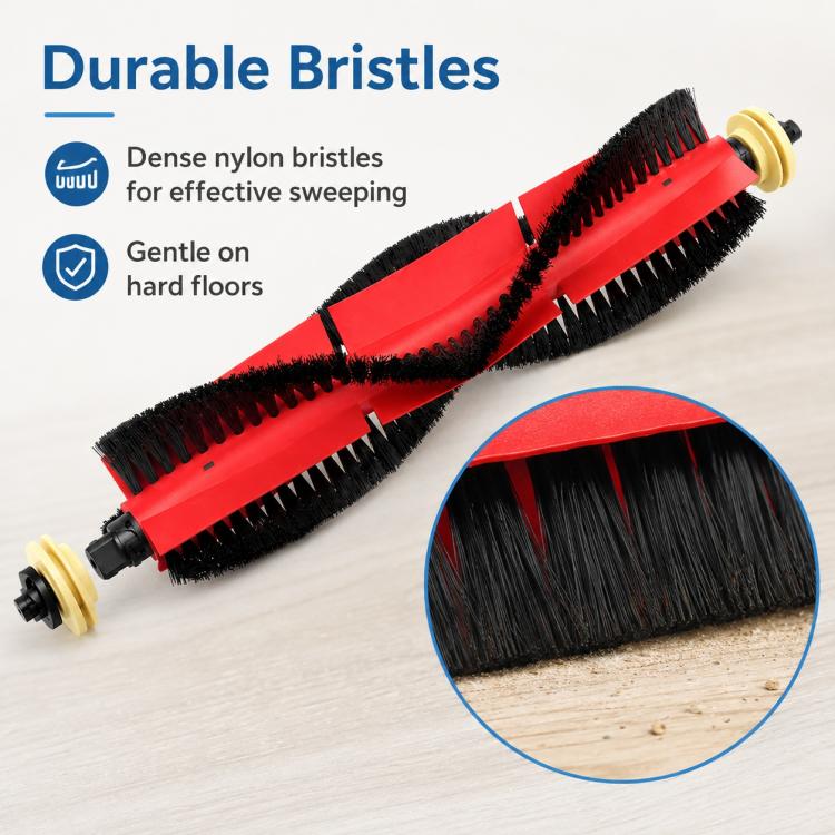 Main roller brush with dense black bristles and red housing, visible connector ends