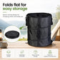 Black folding portable trash can with flat lid and carry handles, collapsible storage bucket