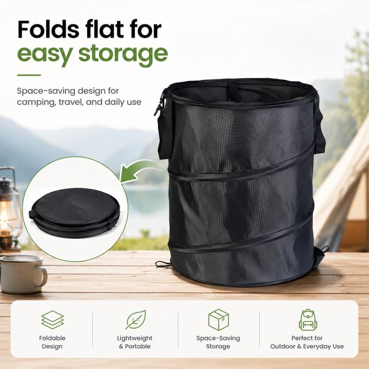 Black folding portable trash can with flat lid and carry handles, collapsible storage bucket