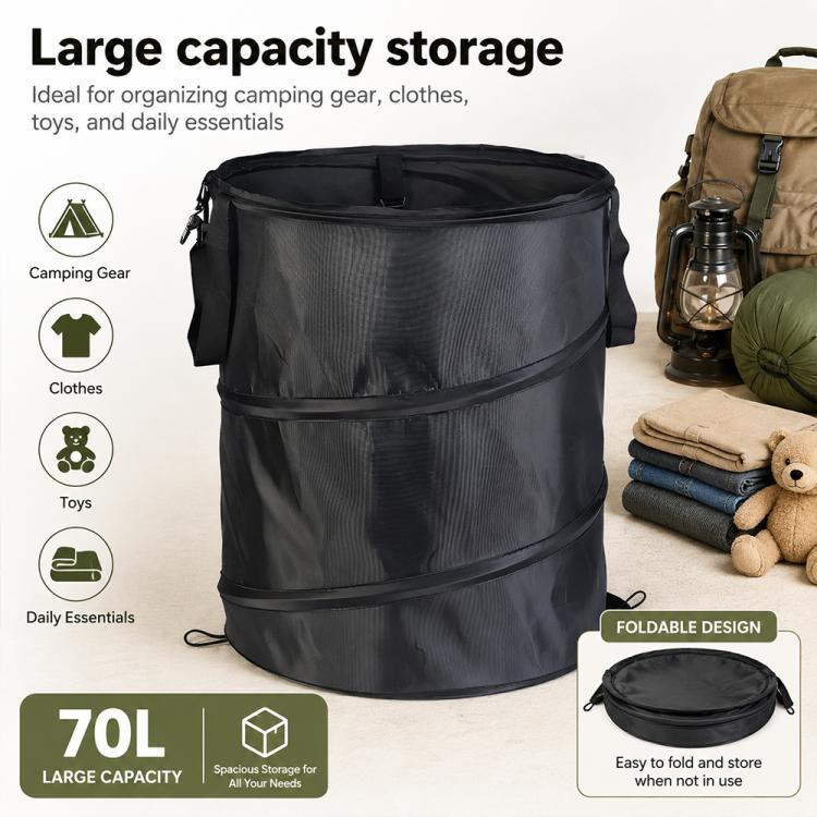 Black large capacity folding storage bucket with wide top opening and side carry handles