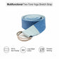 Two-tone blue yoga stretch strap, coiled with metal ring buckle.
