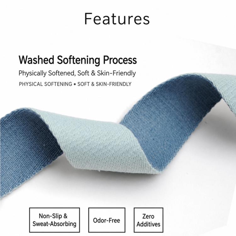 Two-tone blue yoga stretch strap close-up, soft fabric loop end detail.