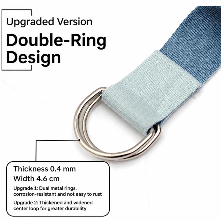 Blue two-tone yoga strap with double metal rings on stitched strap end.
