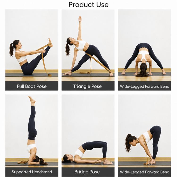 Yoga stretch strap used in multiple poses, held and supported on the body.