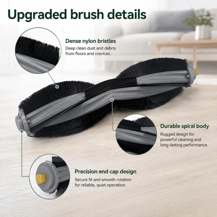 Main brush with black nylon bristles and gray spiral roller frame