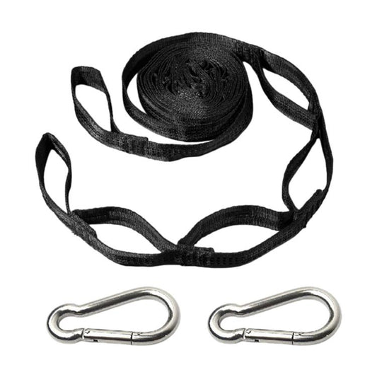 Outdoor swing rope strap set with black webbing and 2 metal quick buckles