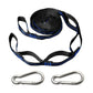 Outdoor swing rope strap set with blue accents on black webbing and 2 metal quick buckles