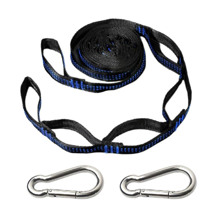 Outdoor swing rope strap set with blue accents on black webbing and 2 metal quick buckles
