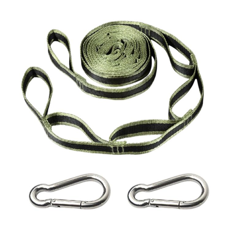 Outdoor swing rope strap set with green webbing and 2 metal quick buckles