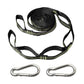 Outdoor swing rope strap set with black webbing and green accents and 2 metal quick buckles
