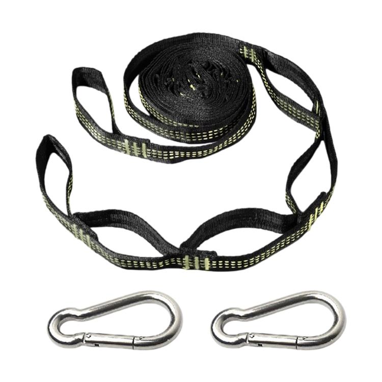 Outdoor swing rope strap set with black webbing and green accents and 2 metal quick buckles