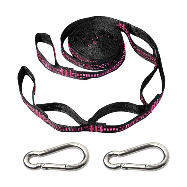 Outdoor swing rope strap set with rose-red accents on black webbing and 2 metal quick buckles