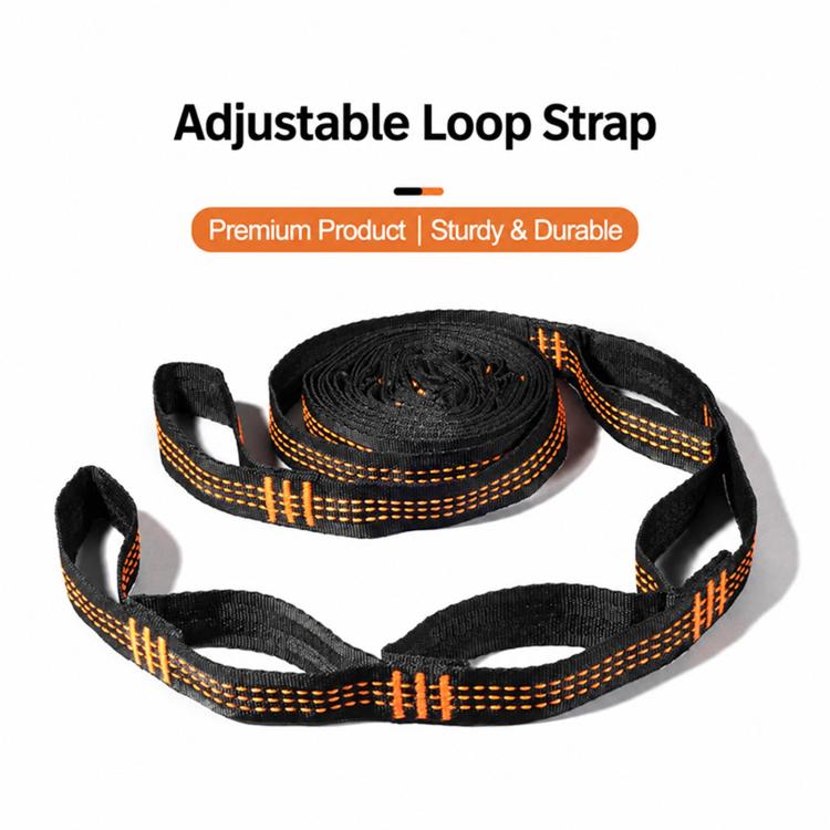 Black adjustable loop straps with orange stitching and multiple attachment loops