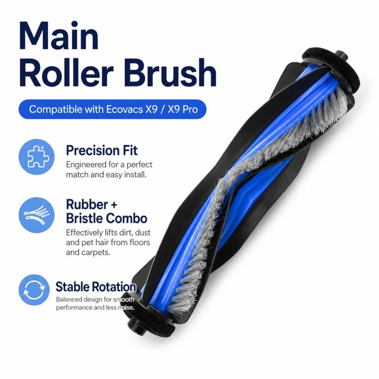 Main roller brush replacement with blue bristles and gray edge bristle comb