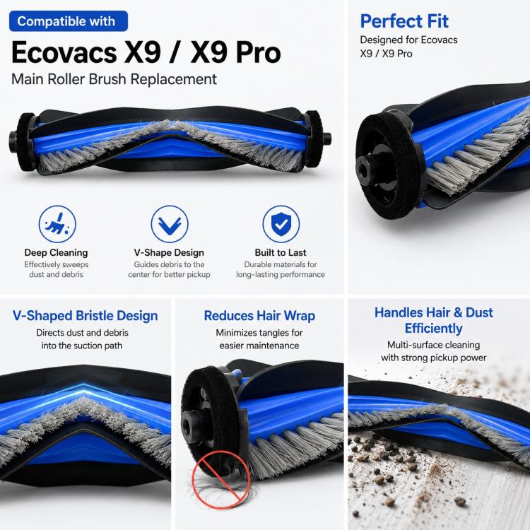 Main roller brush with blue core and mixed gray bristle ends for sweeping