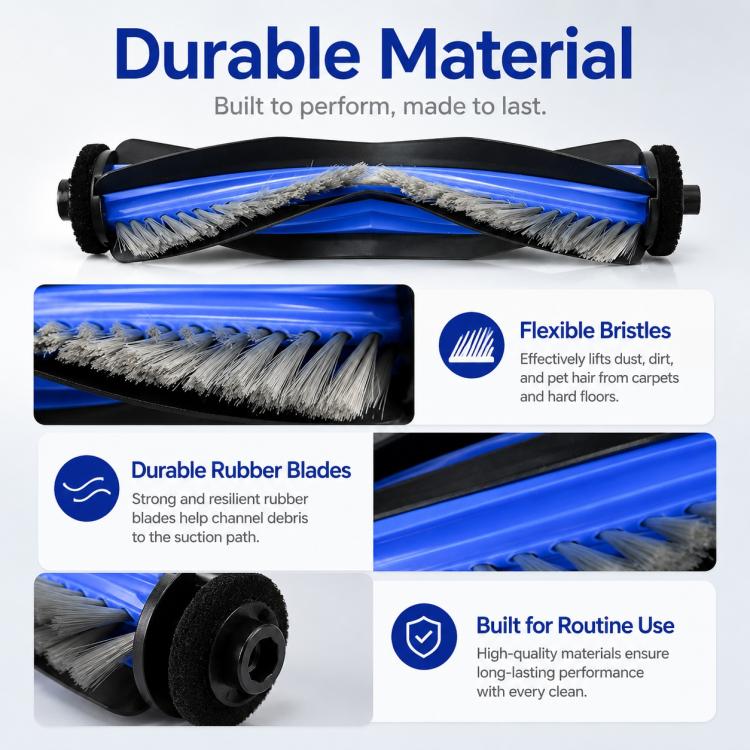Main roller brush with blue core, gray bristles, and durable rubber blades
