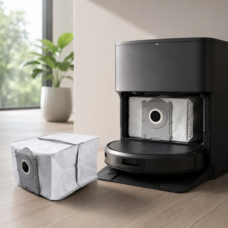 White vacuum dust bag with inlet opening for robot vacuum dust bin