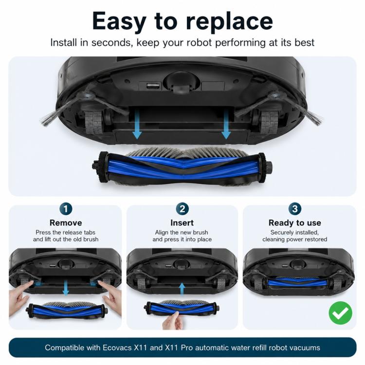 Main brush replacement installation guide, showing black housing and blue bristle roller
