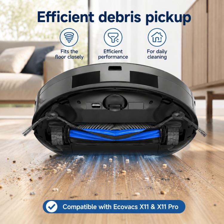 Robot vacuum with installed main brush and blue bristle roller visible