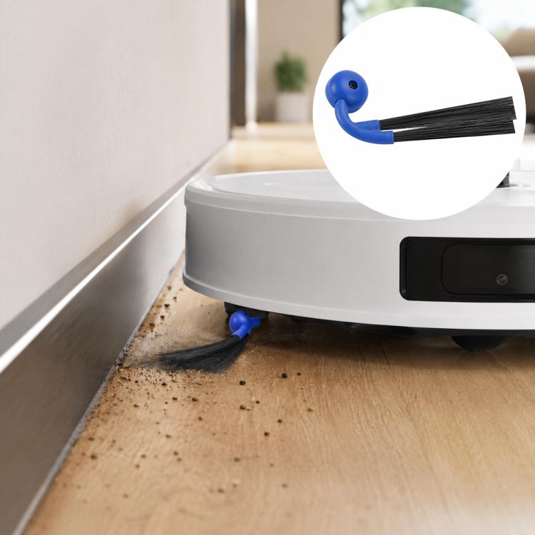Side brush attachment with blue base and black bristles for robot vacuum