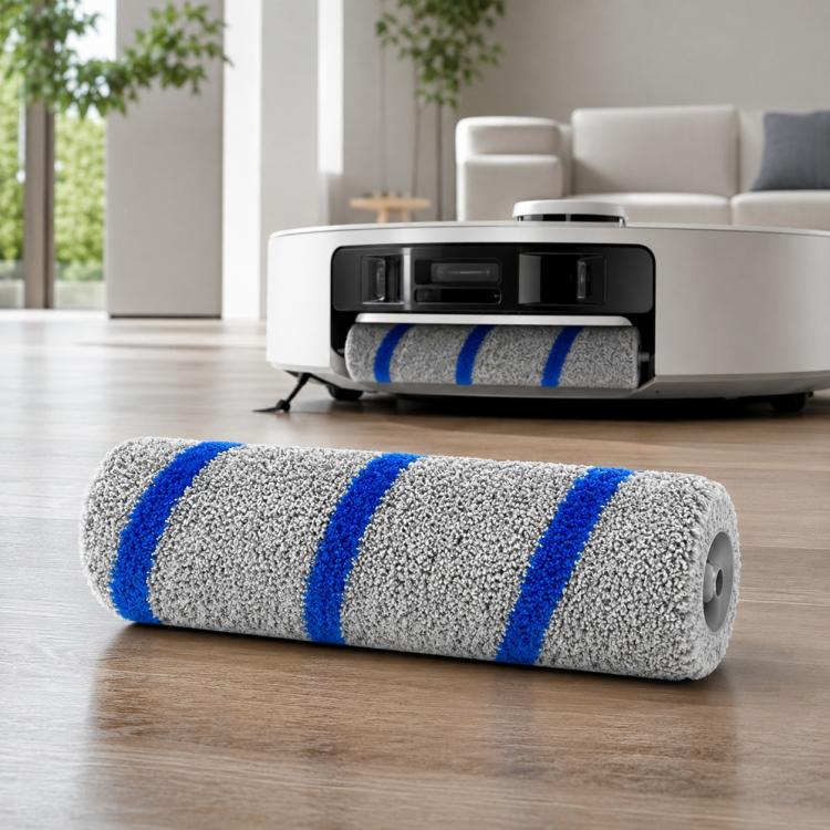Roller mop attachment with gray cloth cover and blue stripes for robot vacuum