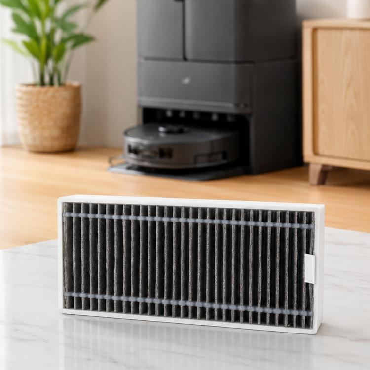 Robot vacuum replacement filter with dark charcoal media and pleated grid frame