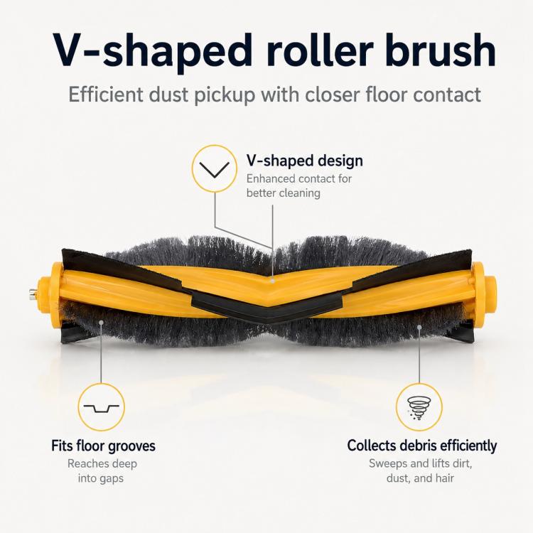 V-shaped roller brush for dust pickup with yellow and black bristles