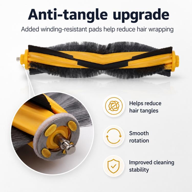 Dual side roller brush with yellow winding-resistant bristle pads