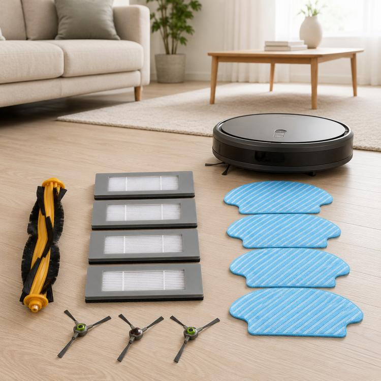 Robot vacuum replacement kit with blue mop pads, filters, side brushes, and main brushes