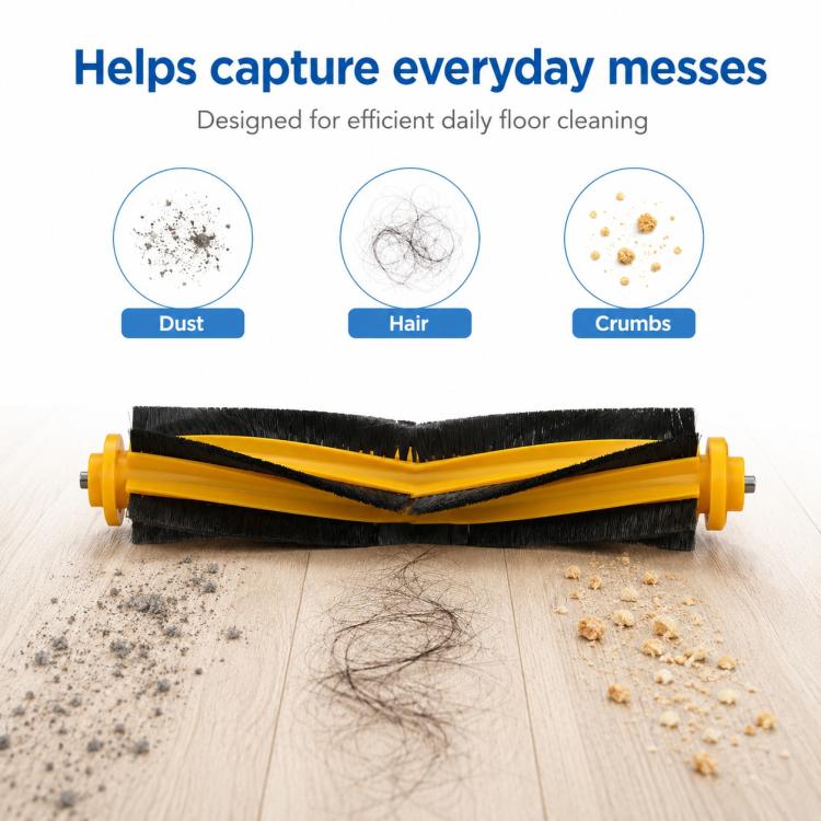 Main floor brush for robot vacuum with black bristles and yellow roller cores
