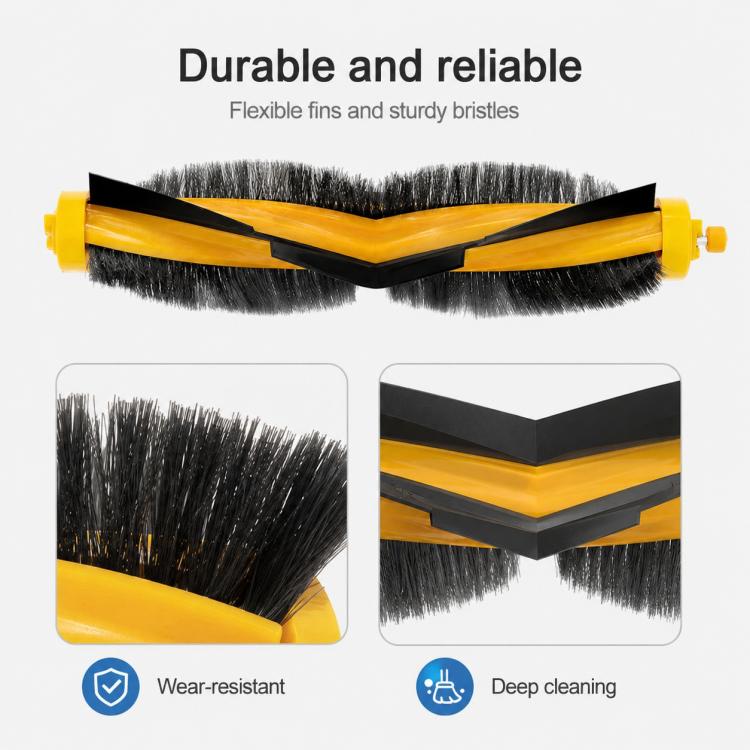 Main brush roller with yellow frame and black bristles with flexible fins