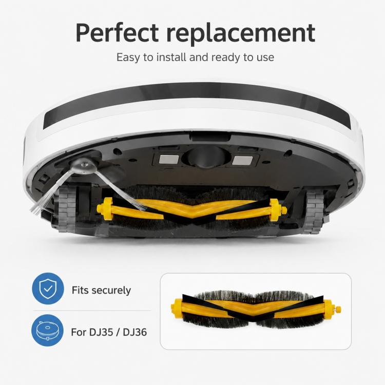 Robot vacuum underside with installed yellow V-shaped main brush roller