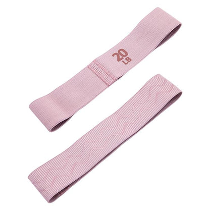 Pink 20 lb resistance loop band, flat elastic band with printed weight.