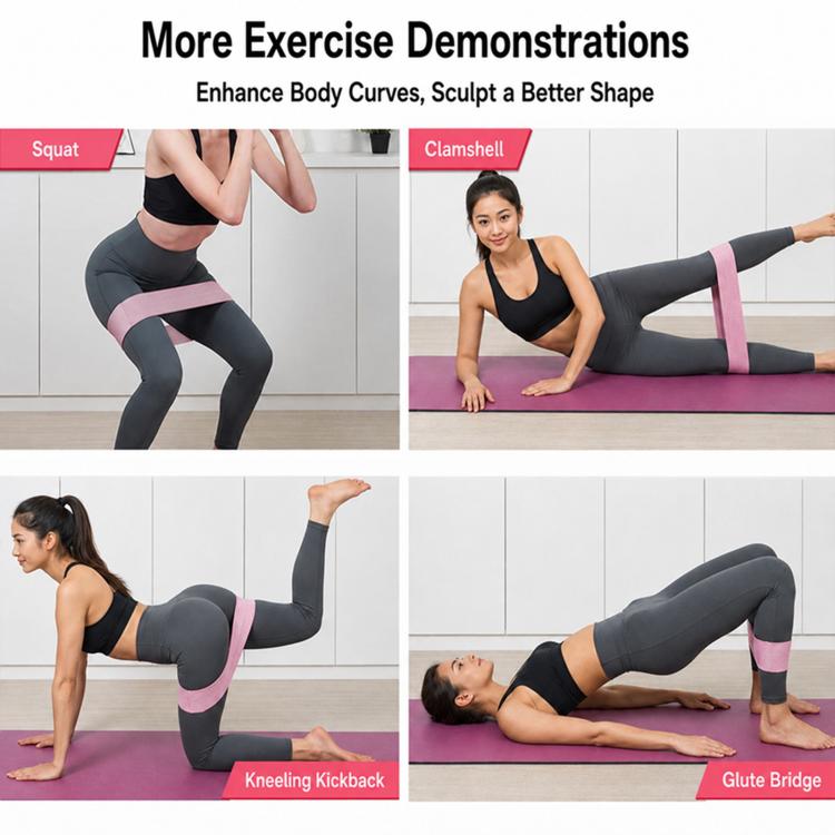 Resistance loop bands shown on models for glute workouts, with pink band in use.