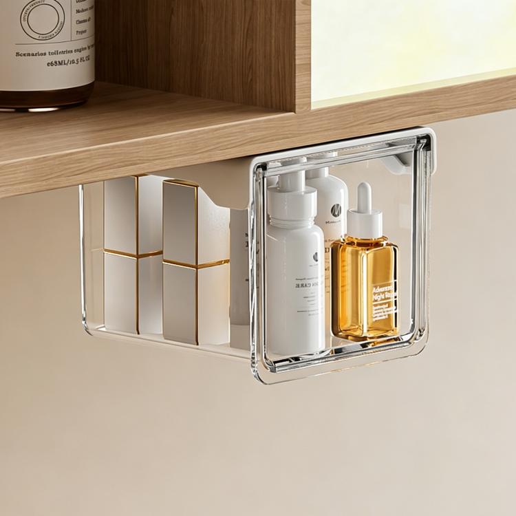 Transparent pull-out drawer storage box with metal frame, mounted on cabinet shelf