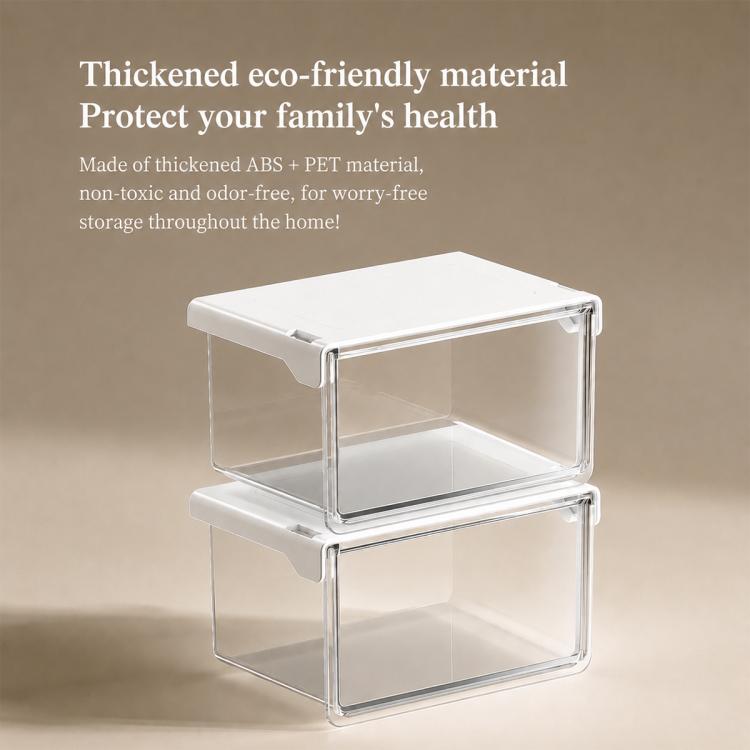 Transparent pull-out drawer storage box, clear two-tier design, white pull tabs
