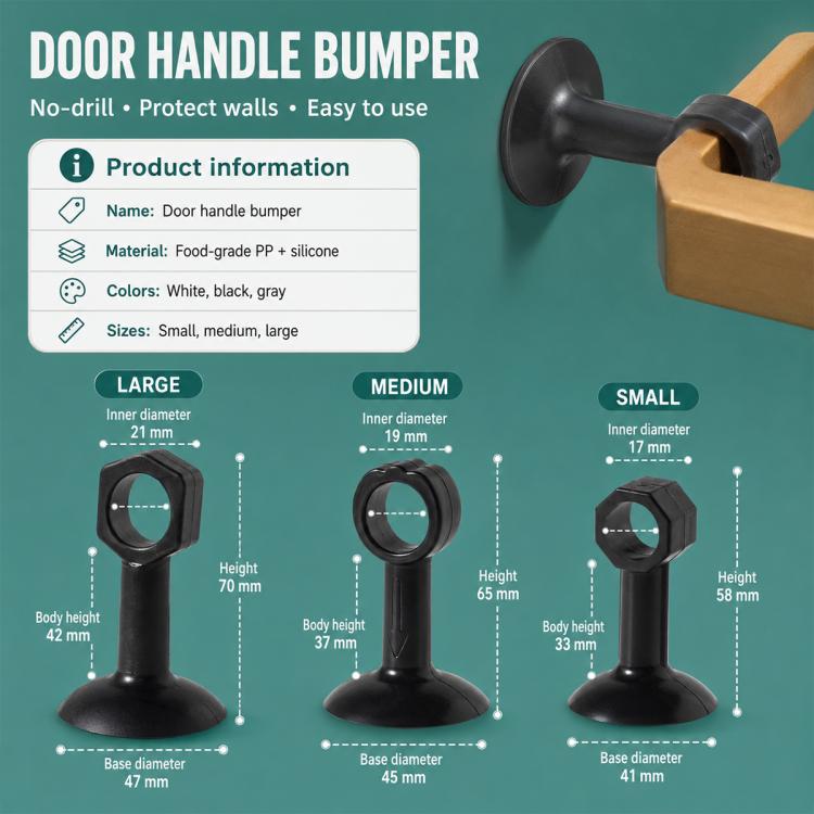 Door handle bumper suction pads with octagon base, showing small, medium, and large sizes