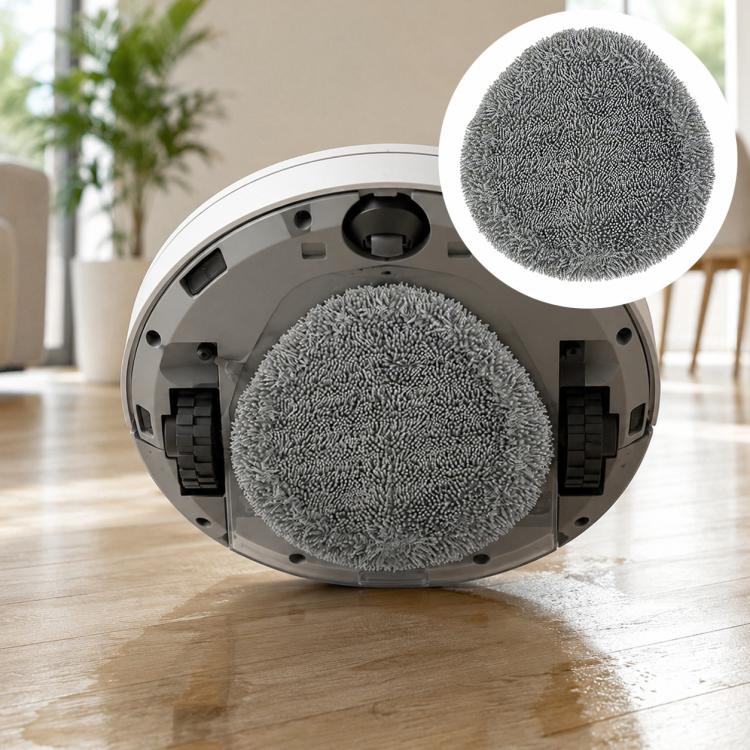 Grey full-fiber mop pad shown from below on a robot vacuum base