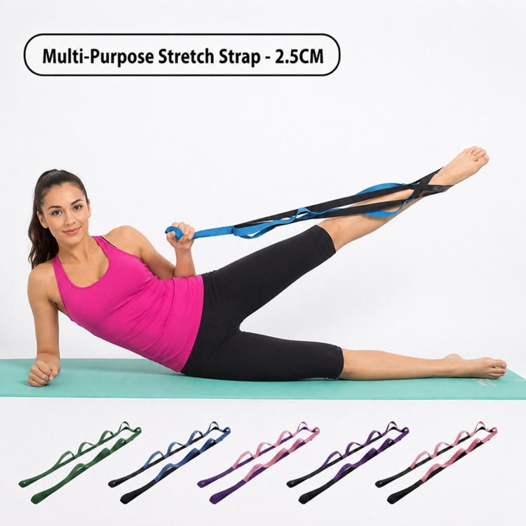 Blue and black non-elastic stretch strap with two loop handles