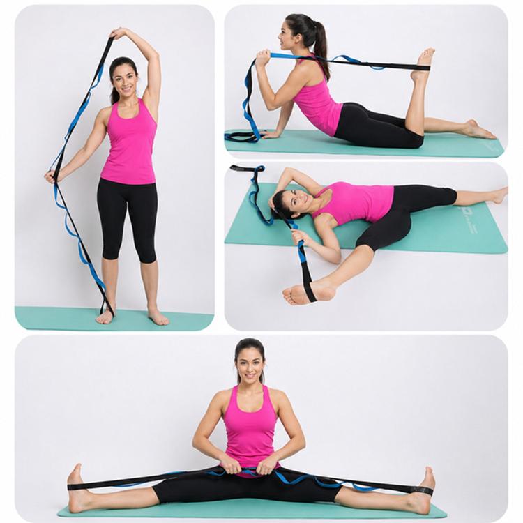 Blue and black non-elastic yoga resistance strap with two loop handles