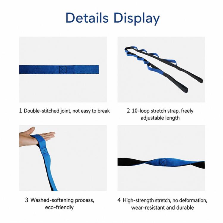Blue non-elastic knitted stretch strap with two loop handles, close-up