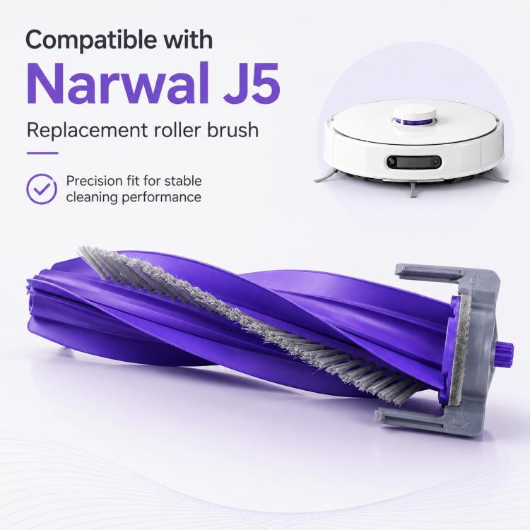Purple roller brush replacement part with gray frame and rotating bristles