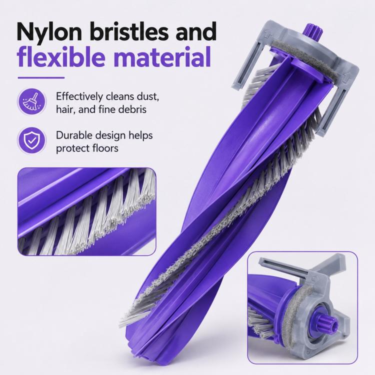 Close-up of purple roller brush with nylon bristles and flexible strip edges